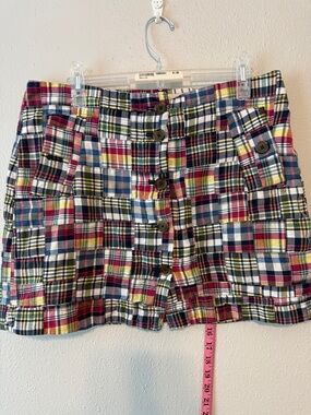 J. Crew Plaid Button-Front Mini Skirt in Navy, Yellow & Red